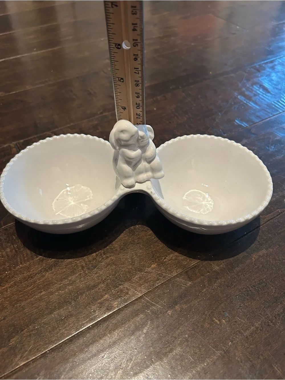White Ceramic Double Dish with Decorative Bunnies